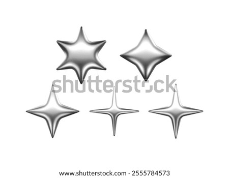 Y2K 3d Star Shapes Collection Silver Chrome Shiny Glossy Metallic Icons Realistic Vector Illustrations Isolated