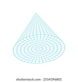 Y2k 3d wireframe cone, y2k trendy wire frame element icon, brutal art geometry net pattern structure illustration, cyberpunk neon mesh figure object, 90s retro geometric grid form symbol.