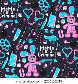 Y2k, patrón de neón de los 90 sin fisuras. Gracioso conejo de gángster con armas y objetos criminales. Fondo vectorial en colores rosa, azul y negro. Estilo retro de dibujos animados