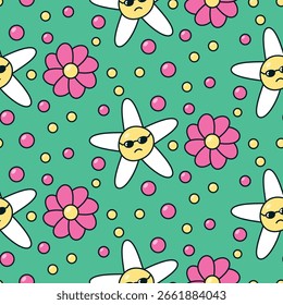 Y2K 90s Seamless Pattern Green Star Flower