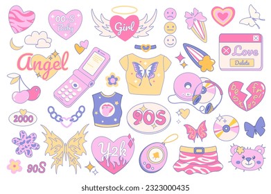 Y2k and 90s vintage style objects mega set in graphic flat design. Bundle elements of pink hearts, smiles, butterflies, mobile phone, t-shirt, cd player, other. Vector illustration isolated stickers