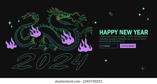 Y2k abstract acid futuristic 2024 new year banner with simple geometric shapes, forms and outline dragon portrait. Bold form graphic design for web site, greetings cards, posters, prints, backgrounds.