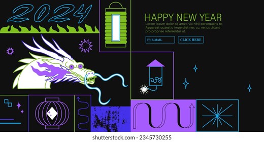 Y2k abstract acid futuristic 2024 new year banner with simple geometric shapes, forms and outline dragon portrait. Bold form graphic design for web site, greetings cards, posters, prints, backgrounds.