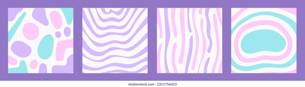 y2k abstract background set. Hand drawn collection of square pastel colored templates for social media with spots and waves. Vector illustration