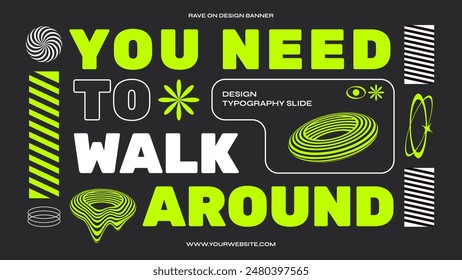 Y2k abstract background with trendy abstract elements, patterns and wireframe shapes. Psychedelic acid rave style. 3d shape elements in neon green. Streetwear vector design.