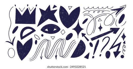Y2k abstract crayon shape set. Funky stickers, vector trendy futuristic elements. Crown, star, heart and arrows. Naive playful label shape set. Collection of cute and funny girly illustrations.