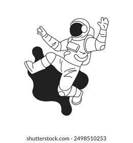 Y2k abstract flying astronaut in spacesuit galaxy exploration outline icon vector flat illustration. Cosmonaut in helmet floating at outer space universe travel futuristic technology comic emblem