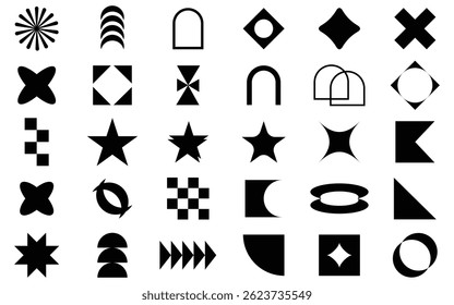Y2K Abstract Geometric Elements, Retro Futuristic Shapes, Brutalist Memphis Style Design icon set, vector illustration. 