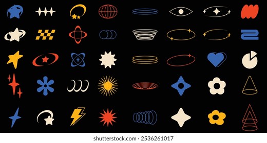 y2k Abstract geometric shapes and icons. Brutal modern contemporary figure arch cloud vawe star oval spiral flower circle and other primitive elements. Swiss design aesthetic. Bauhaus memphis design.