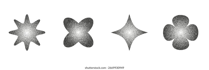 Y2k abstract geometry shapes with trendy photocopy grain effect. Halftone noise texture. Vintage and grunge stipple effect. Vector illustration icon set