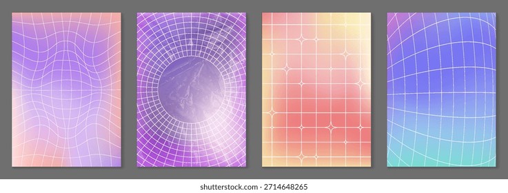 Fondos de degradado abstractos Y2k con lindos patrones geométricos y suaves transiciones de color. Colección con rejillas onduladas, malla radial circular, azulejos brillantes y diseños de flujo de línea en tonos pastel.