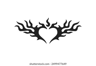 Y2k abstract heart burning flame silhouette black tattoo icon vector flat illustration. Psychedelic love amour surreal rave romantic shape flammable fire blazing aesthetic tribal mystic wings