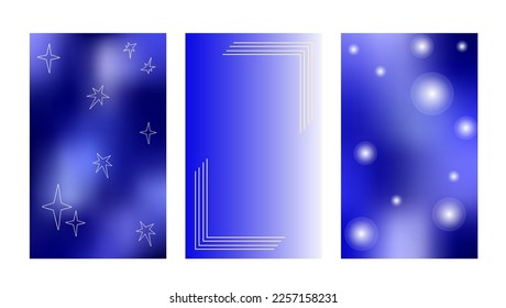 Y2k abstract holographic gradient background templates set dark blue colored textures and stars  frame  circles vector illustration  simple blurry textured layout  minimalist style template for web  