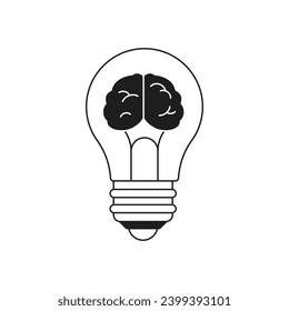 Bombilla de luz abstracta Y2k con idea de innovación inteligente del cerebro humano monocromo línea retro groovy ilustración vectorial de icono. Inteligente bombilla eléctrica conocimiento imaginación de la mente de la luz pegatina de moda mínima