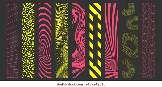 Y2k abstract neon shapes set. Different retro backgrounds and patterns. Collection of 90s elements.