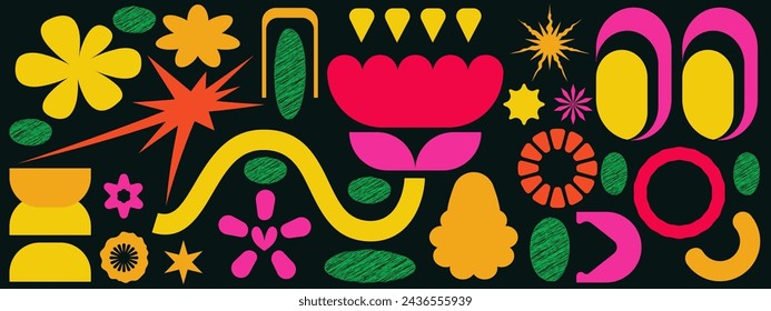 Y2k abstract shape brutal form. Collage flower and eye with scribble shape. Groovy color geometric design. Bold figure y2k brutalist style. Vector illustration