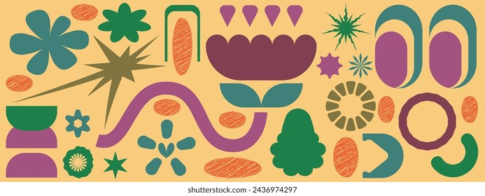 Y2k abstract shape brutal form. Collage flower and eye with scribble shape. Colorful geometric design. Bold figure y2k brutalist style. Vector illustration