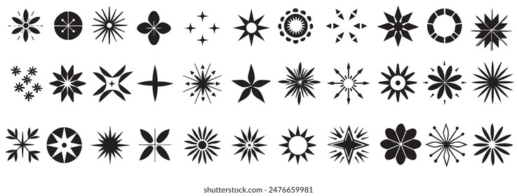 Y2k abstract shapes and figures. Hand drawn star sparkle shine of doodle set. Star shine twinkle glow, spark glitter, magic party light vector illustration. Hand drawn sketch doodle style line sparkle