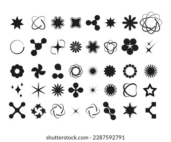 Y2k abstract shapes. Minimalist geometric brutalist symbols, retro futuristic grid elements and simple forms. Vector 2000 symbols collection. Cosmos bodies, decorative twinkles and burst