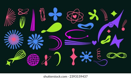 Y2K abstract shapes and retro elements set. Geometric shapes for print, banner, cards, flyers, business. Vector illustration.