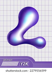 Y2K abstract wavy element, glossy object on a grid background, retro vector vertical poster.