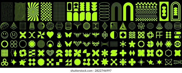Y2K acid brutalist design element pack with abstract geometric shapes and futuristic symbols for design.
