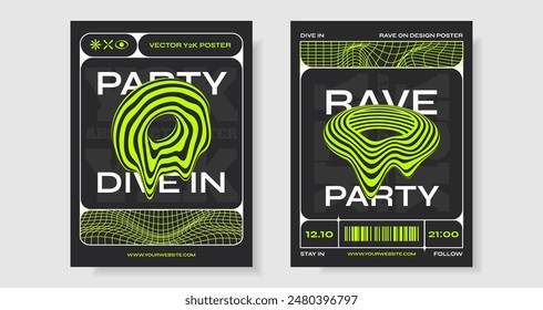 Y2k acid rave abstract posters with trendy abstract elements, patterns and wireframe shapes in psychedelic style. 3d shape elements in neon green. Streetwear vector design.