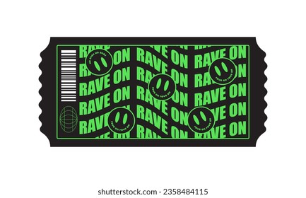y2k acid rave abstract ticket. Psychedelic smiles trippy dancing on wavy text background. 90s grunge cover, card, poster design. Neon retro sticker