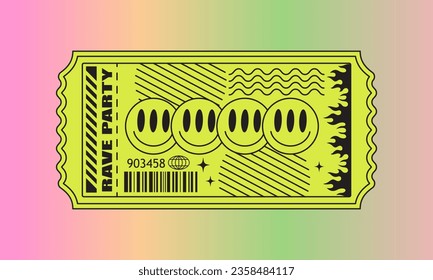 y2k acid rave abstract ticket. Psychedelic trippy smiles and geometric shapes. 90s grunge cover, card, poster design. Neon retro sticker