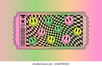 billete abstracto de rave ácido y2k. Sonrisas psicodélicas bailando a cuadros de fondo. Tapa gruesa, tarjeta, diseño de afiches de los años 90. Pegatina retro de neón