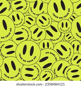 El ácido y2k rave un patrón impecable con caras sonrientes extrañas. Fondo de sonrisas abarrotadas. fiesta de los 90 en grunge party, tech, diseño trippy. Gráfica vectorial funky para afiches, banner, portada, tarjeta