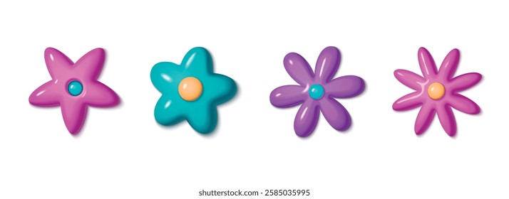 Y2k aesthetic 3d flower collection in bright plastic colors - pink, turquoise and purple. Glossy retro daisy shapes for nostalgic digital design. Realistic simple blossoms with plasticine texture.