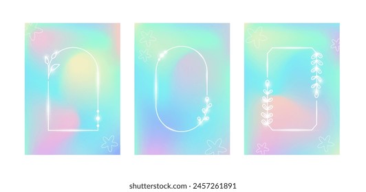 Y2K aesthetic abstract gradient cover templates set. Holographic backgrounds with floral linear elements.