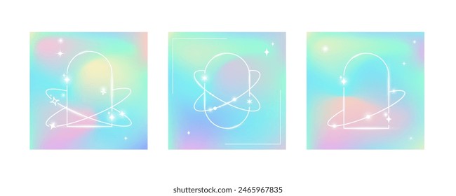 Y2K aesthetic abstract gradient cover templates set. Holographic backgrounds with linear elements and stars.