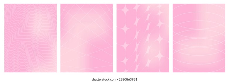Y2k aesthetic aura gradient poster set with geometric shapes, wireframe grids. Soft pink color. Trendy nostalgia vector illustration background.  
