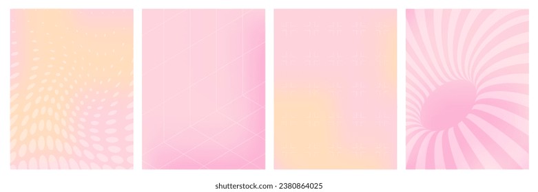 Y2k aesthetic aura gradient poster set. Pastel pink color, geometric shapes, wireframe grids. Vector illustration background in the 90s, 2000s style.