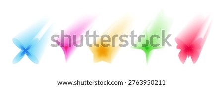Y2k aesthetic aura icons with gradient shapes and neon color, 3d abstract vector holographic stars, flowers isolated on white background. Retro 2000s design with soft blur, glowing butterfly