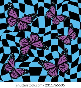 Y2k aesthetic background with butterflies on vibrant checkered mesh