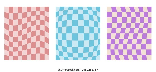Y2k aesthetic background set, checkered groovy seamless pattern. Hippie colorful distorted tiles