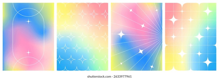 Fondos estéticos Y2K. Pósteres de degradado Abstractas con estrellas. Fondos de holograma de pastel de Vector con líneas y Formas de estrellas brillantes