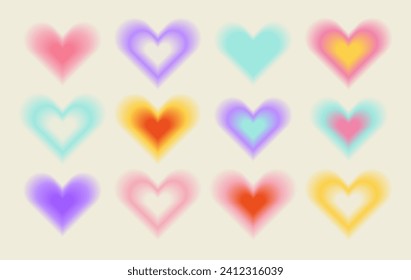 Y2k aesthetic blurred gradient aura hearts. Trendy set of modern blurry figures in brutalism style. Romantic transparent heart elements for social media background, posters, ads.