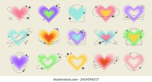 Y2k aesthetic blurred gradient aura hearts with linear circles, stars. Trendy set of modern blurry figures in brutalism style. Romantic transparent heart elements for social media background, posters