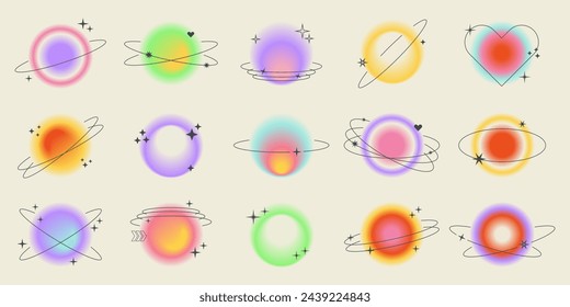 Y2k estética borrosa gradiente aura círculo con círculos lineales, estrellas. Conjunto moderno de figuras borrosas modernas en estilo brutalismo. Elementos románticos transparentes del corazón para el fondo de los medios sociales, carteles