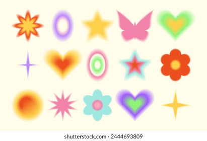 Y2k estética borrosa gradiente aura corazones, flor, mariposa, estrella, círculo. Conjunto moderno de figuras borrosas modernas en estilo brutalismo. Elementos de corazón transparentes románticos para el fondo de los medios sociales