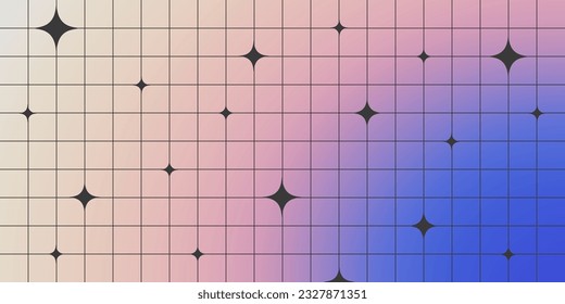 Y2K aesthetic blurred gradient background with linear grid and star shapes. Fluid holographic cool banner template. Trendy minimalist vector design for banner, social media, covers in brutalism style.