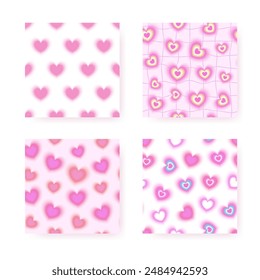 Y2K aesthetic blurred hearts seamless pattern set. Trendy abstract distorted and psychedelic backgrounds.