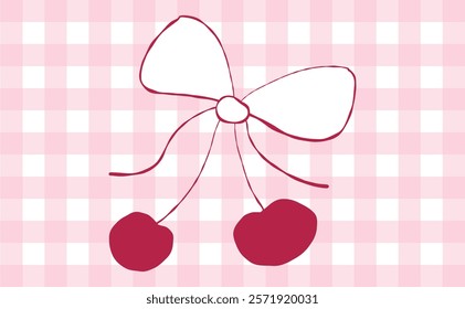 y2k aesthetic bow with cherry coquette design on the pink gingham background. hand drawn line art vector. trendy style ribbon bow girly elements.