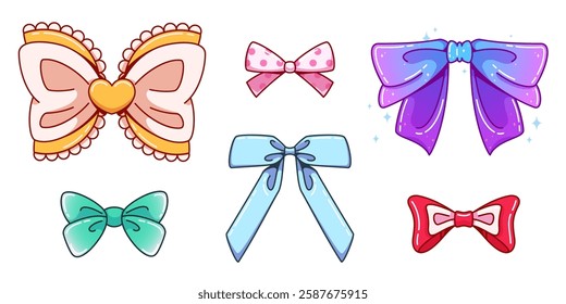 Y2k aesthetic bows set with pastel colors - ribbons decorated with heart, lace trim and polka dot patterns. Kawaii cartoon elements with glitter for retro digital sticker design. Girly accessories.