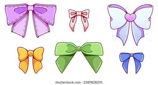Y2k aesthetic bows set with pastel colors - ribbons decorated with heart, lace trim. Kawaii cartoon elements with glitter for retro digital sticker design. Girly accessories.