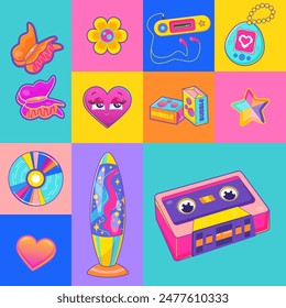 Y2k aesthetic collage. Vector colorful pattern of 90s pop culture items like cassette tapes, lava lamps, headphones, and bubble gum, capturing vibrant nostalgia.